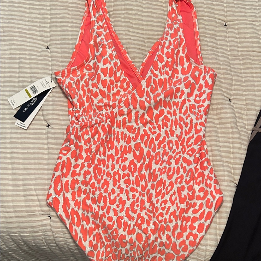 Vibrant Coral and White Patterned Swimsuit - Picture 2 of 6